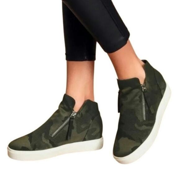 Steve Madden Caliber Camouflage Platform Side Zipper Green Camo Sneaker Size 7.5 - Picture 1 of 15
